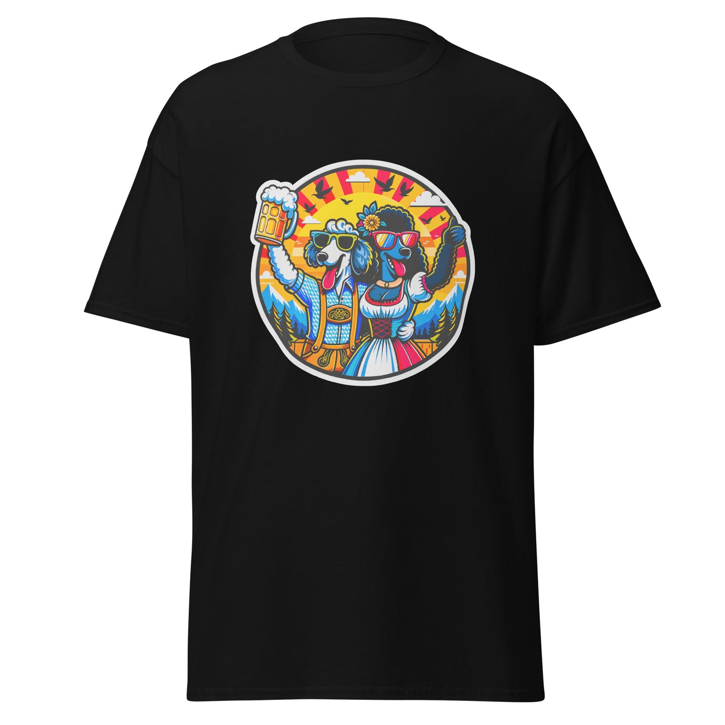 "Dogs On Vacation"-Kollektion - Sheep Poodle & Black Royal Poodle in Bavaria - Klassisches Unisex-T-Shirt - 13 verschiedene Farben