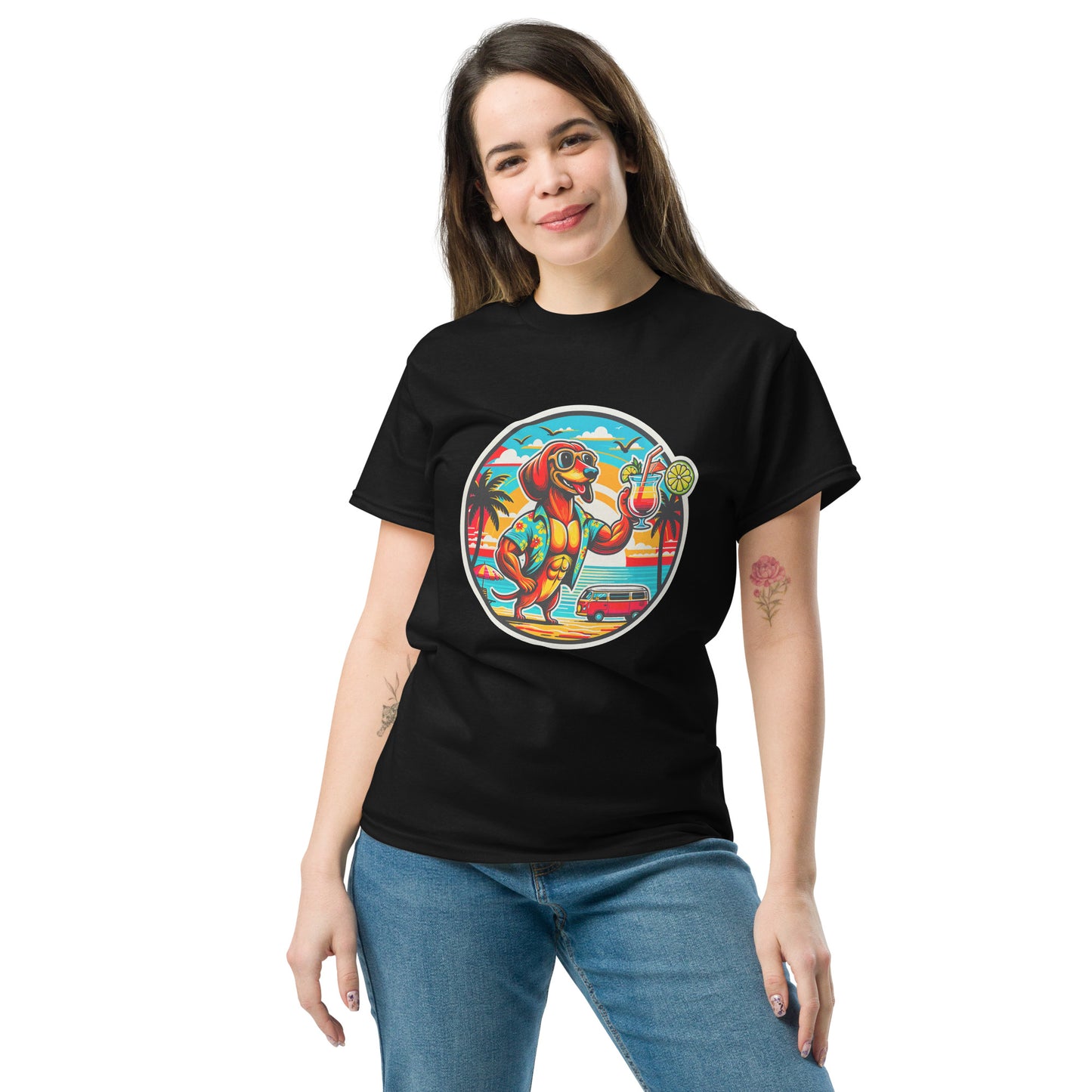 "Dogs On Vacation"-Kollektion - "Muscle Dachshund" #1 - Klassisches Unisex-T-Shirt - 13 verschiedene Farben