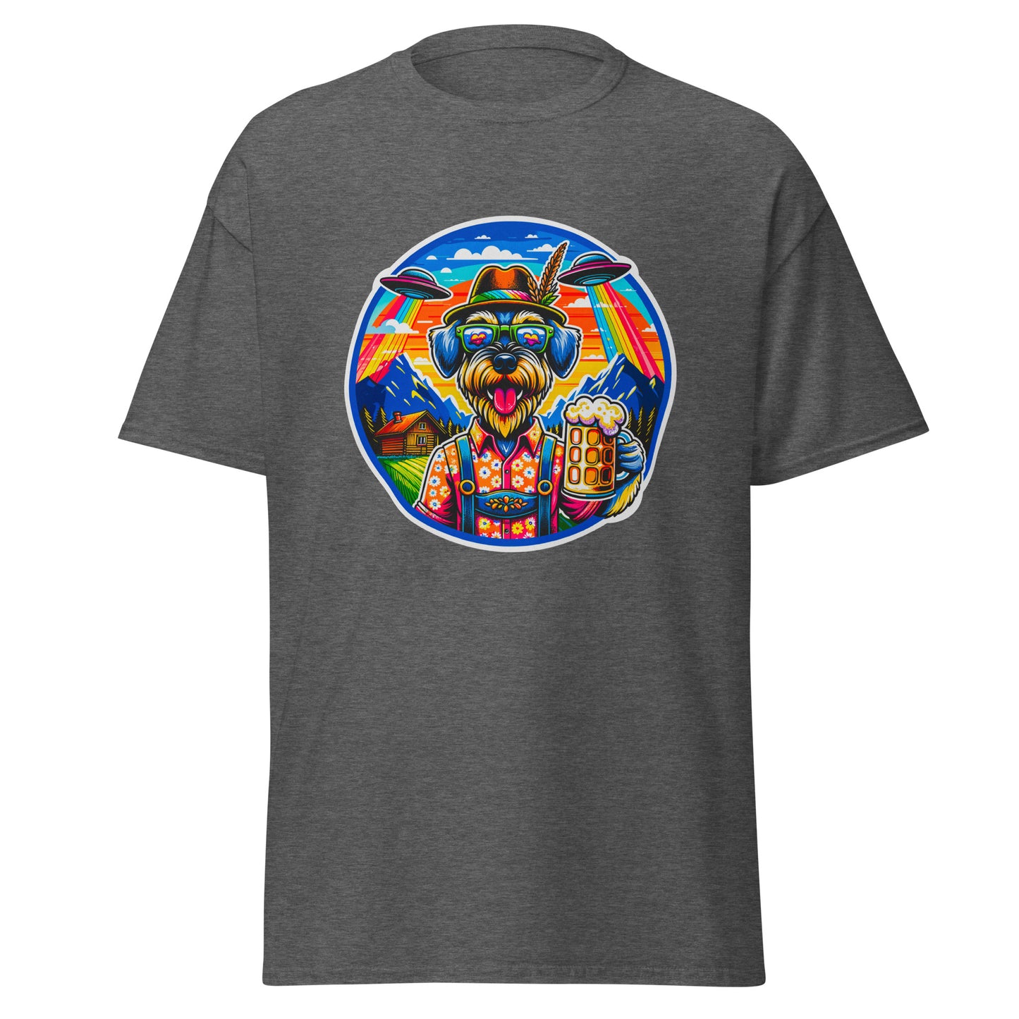 "Dogs On Vacation"-Kollektion - Riesenschnauzer in Bavaria (mit UFOs! =)) - Klassisches Unisex-T-Shirt - 13 verschiedene Farben