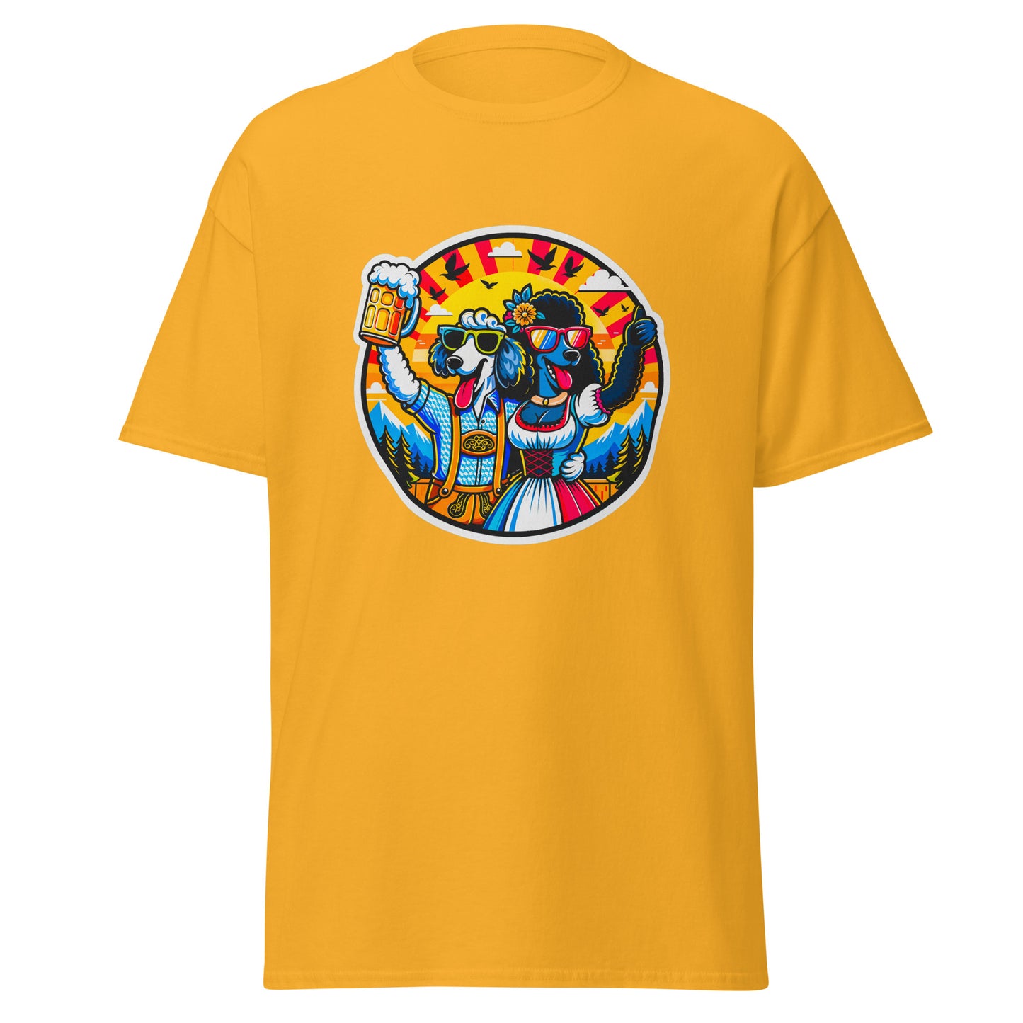 "Dogs On Vacation"-Kollektion - Sheep Poodle & Black Royal Poodle in Bavaria - Klassisches Unisex-T-Shirt - 13 verschiedene Farben