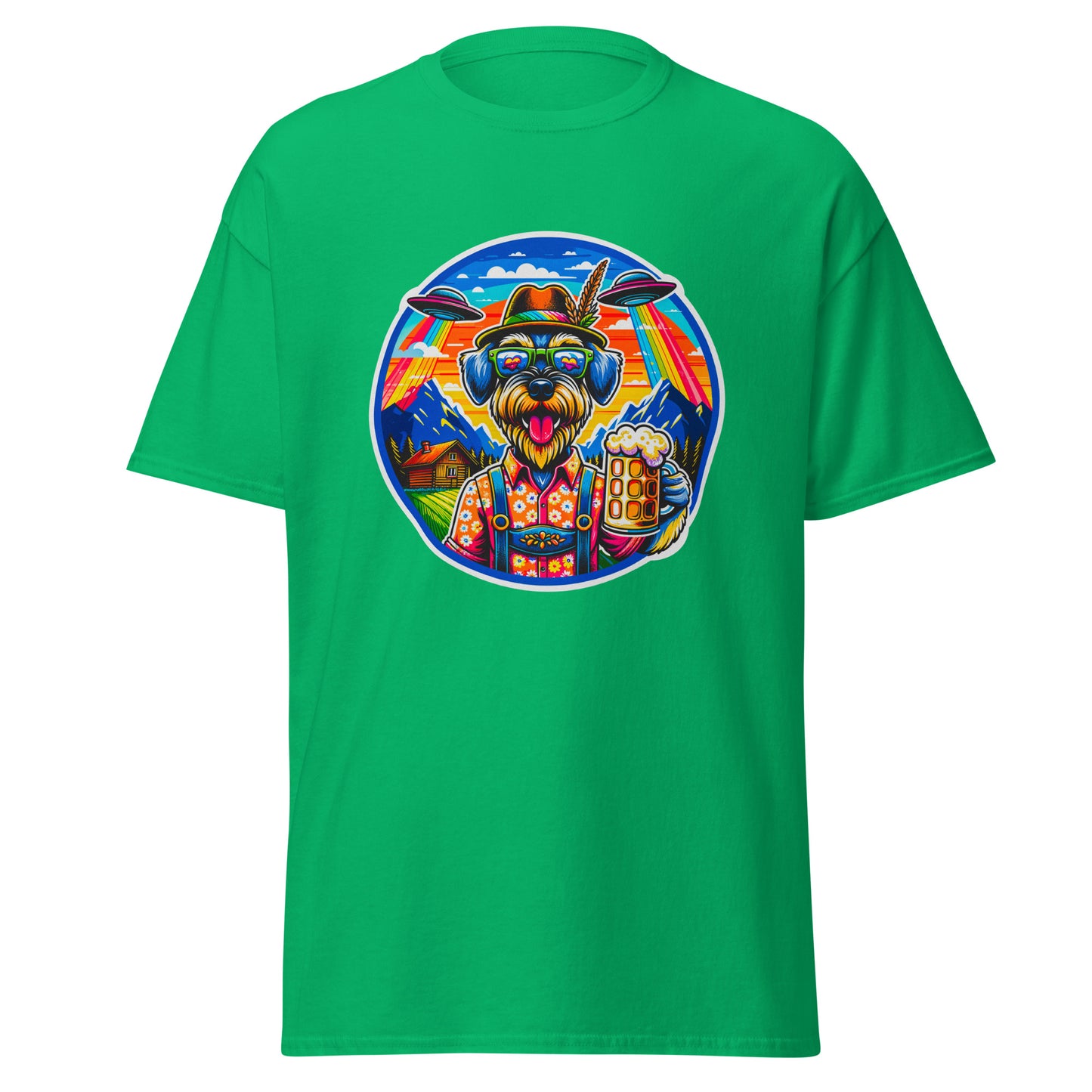 "Dogs On Vacation"-Kollektion - Riesenschnauzer in Bavaria (mit UFOs! =)) - Klassisches Unisex-T-Shirt - 13 verschiedene Farben