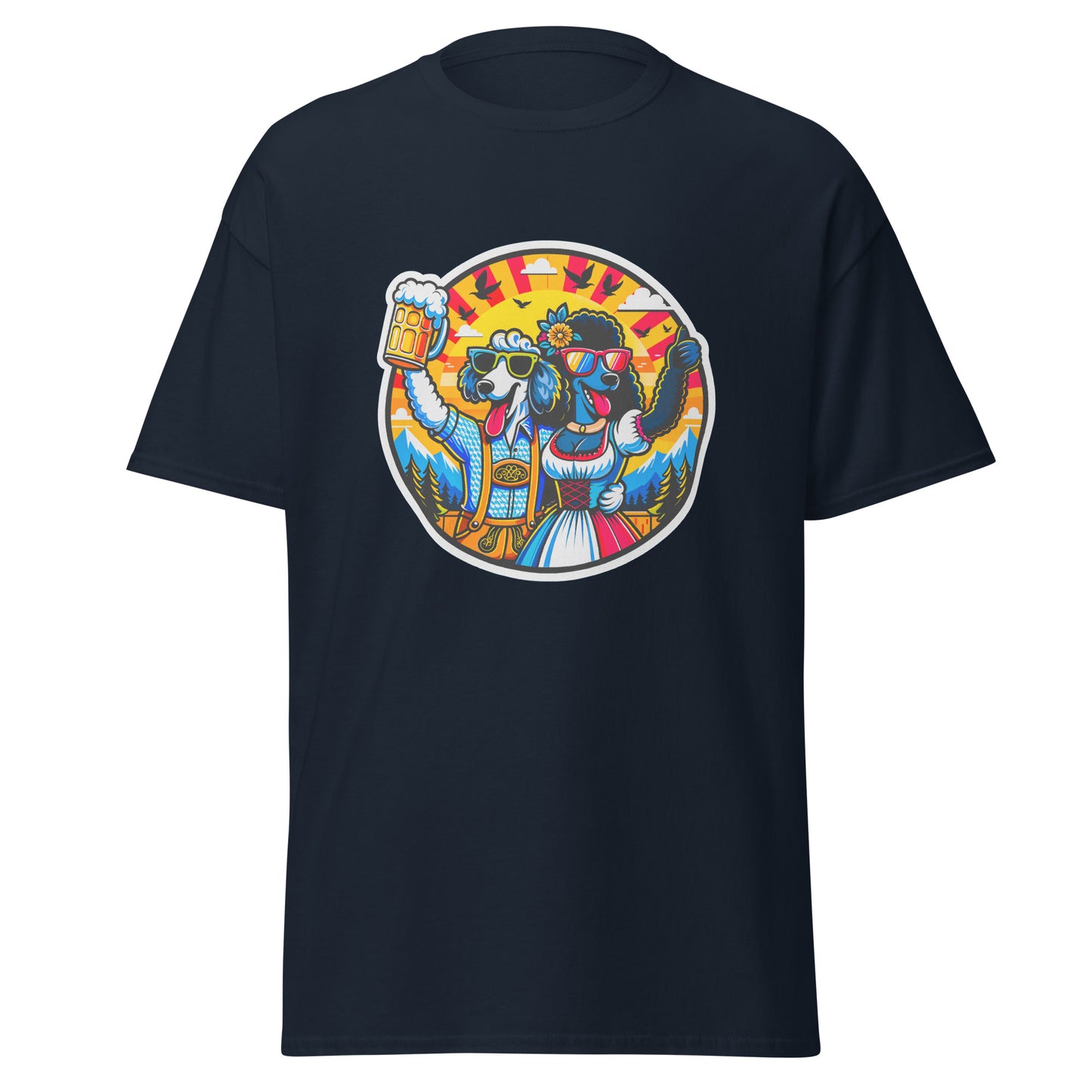 "Dogs On Vacation"-Kollektion - Sheep Poodle & Black Royal Poodle in Bavaria - Klassisches Unisex-T-Shirt - 13 verschiedene Farben