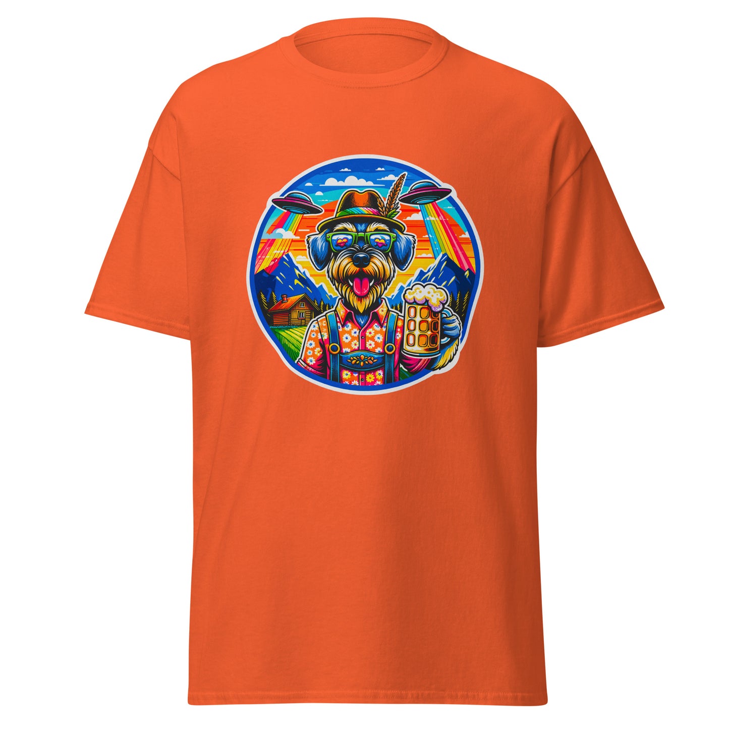 "Dogs On Vacation"-Kollektion - Riesenschnauzer in Bavaria (mit UFOs! =)) - Klassisches Unisex-T-Shirt - 13 verschiedene Farben