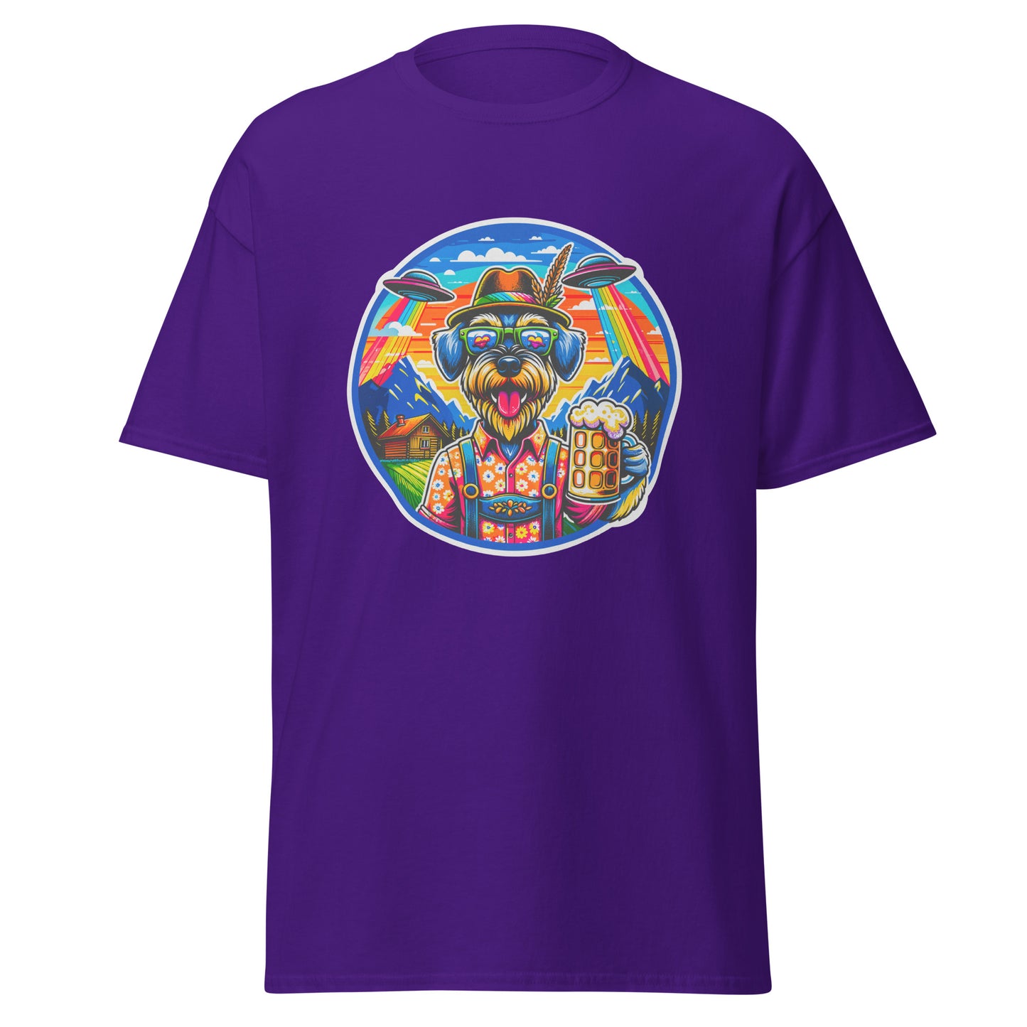 "Dogs On Vacation"-Kollektion - Riesenschnauzer in Bavaria (mit UFOs! =)) - Klassisches Unisex-T-Shirt - 13 verschiedene Farben