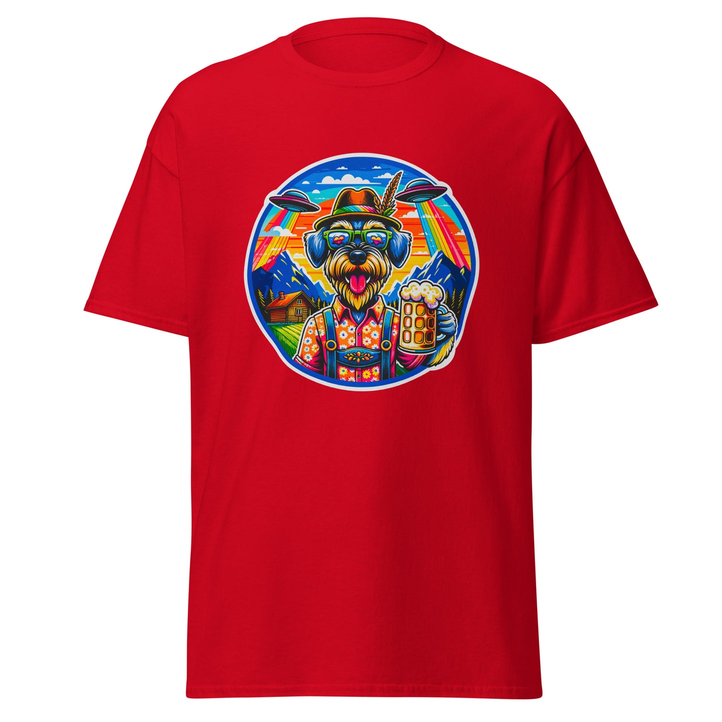 "Dogs On Vacation"-Kollektion - Riesenschnauzer in Bavaria (mit UFOs! =)) - Klassisches Unisex-T-Shirt - 13 verschiedene Farben