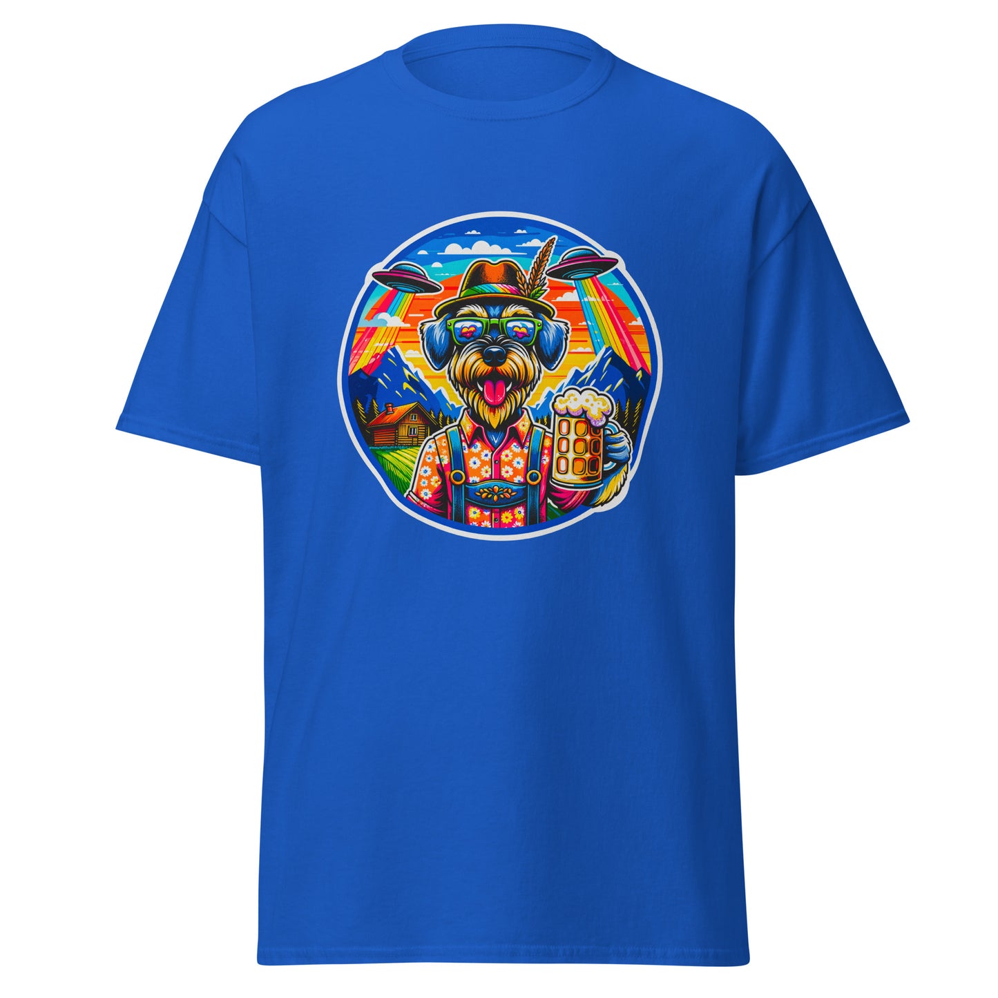 "Dogs On Vacation"-Kollektion - Riesenschnauzer in Bavaria (mit UFOs! =)) - Klassisches Unisex-T-Shirt - 13 verschiedene Farben