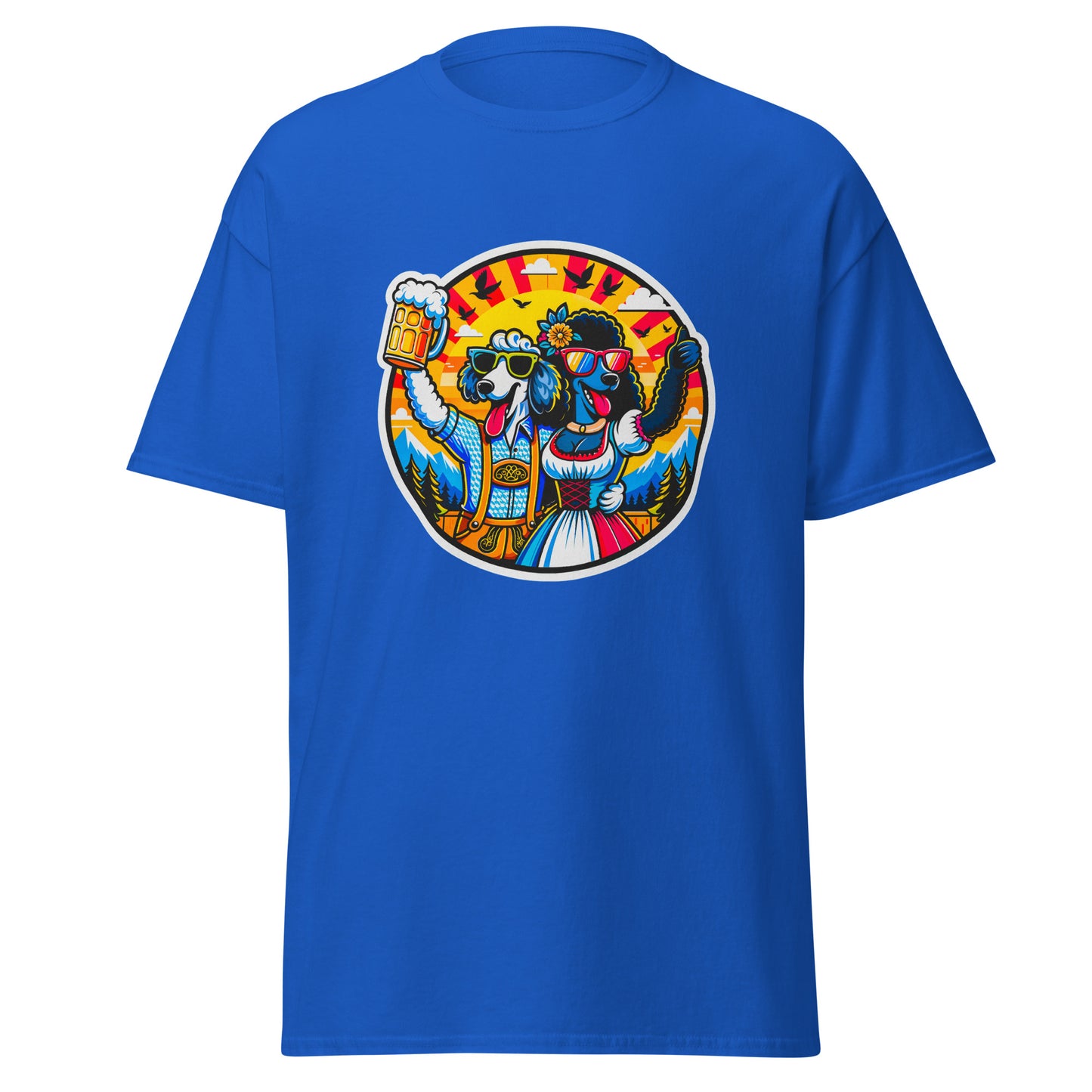 "Dogs On Vacation"-Kollektion - Sheep Poodle & Black Royal Poodle in Bavaria - Klassisches Unisex-T-Shirt - 13 verschiedene Farben