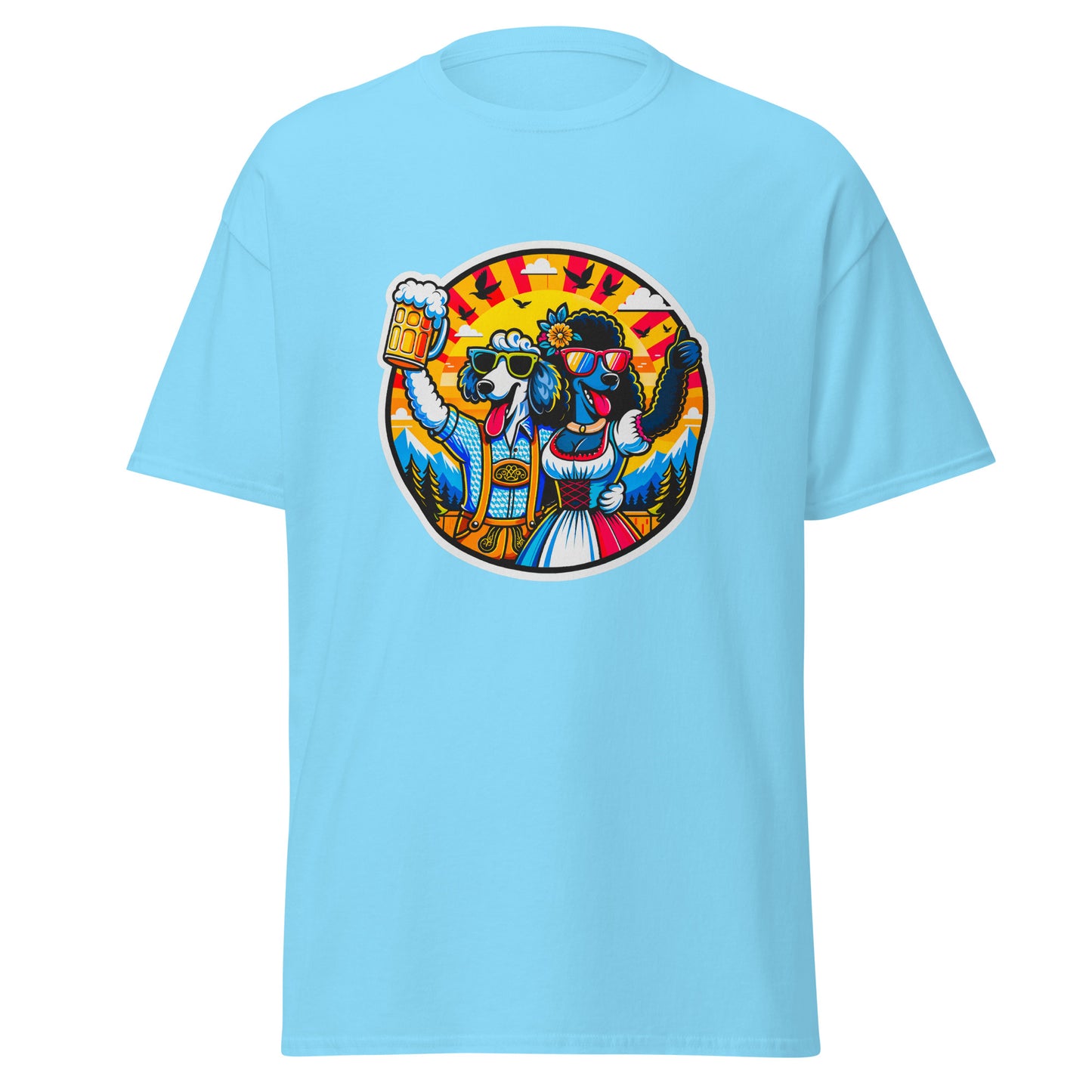 "Dogs On Vacation"-Kollektion - Sheep Poodle & Black Royal Poodle in Bavaria - Klassisches Unisex-T-Shirt - 13 verschiedene Farben
