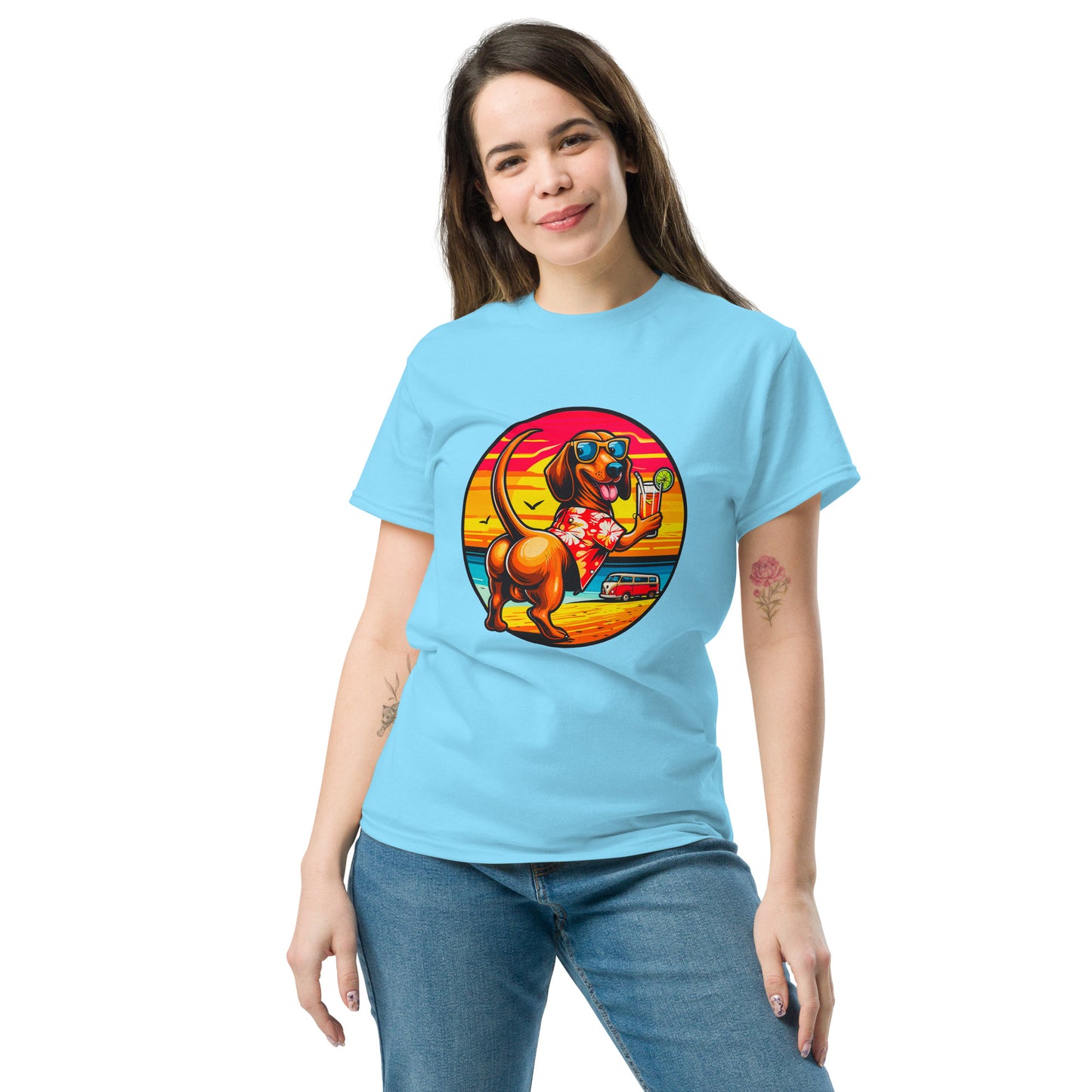"Dogs On Vacation"-Kollektion - Muscle-Dachshund #2 - Klassisches Unisex-T-Shirt - 13 verschiedene Farben