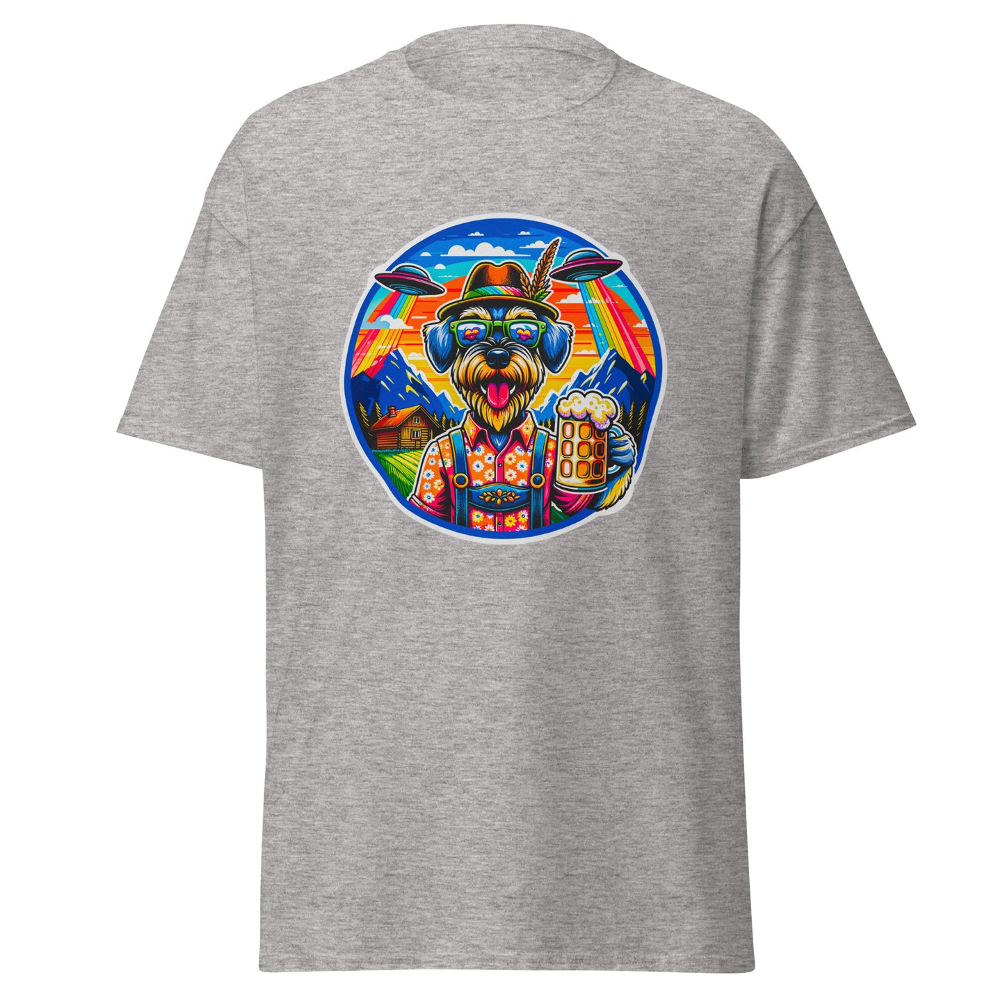 "Dogs On Vacation"-Kollektion - Riesenschnauzer in Bavaria (mit UFOs! =)) - Klassisches Unisex-T-Shirt - 13 verschiedene Farben