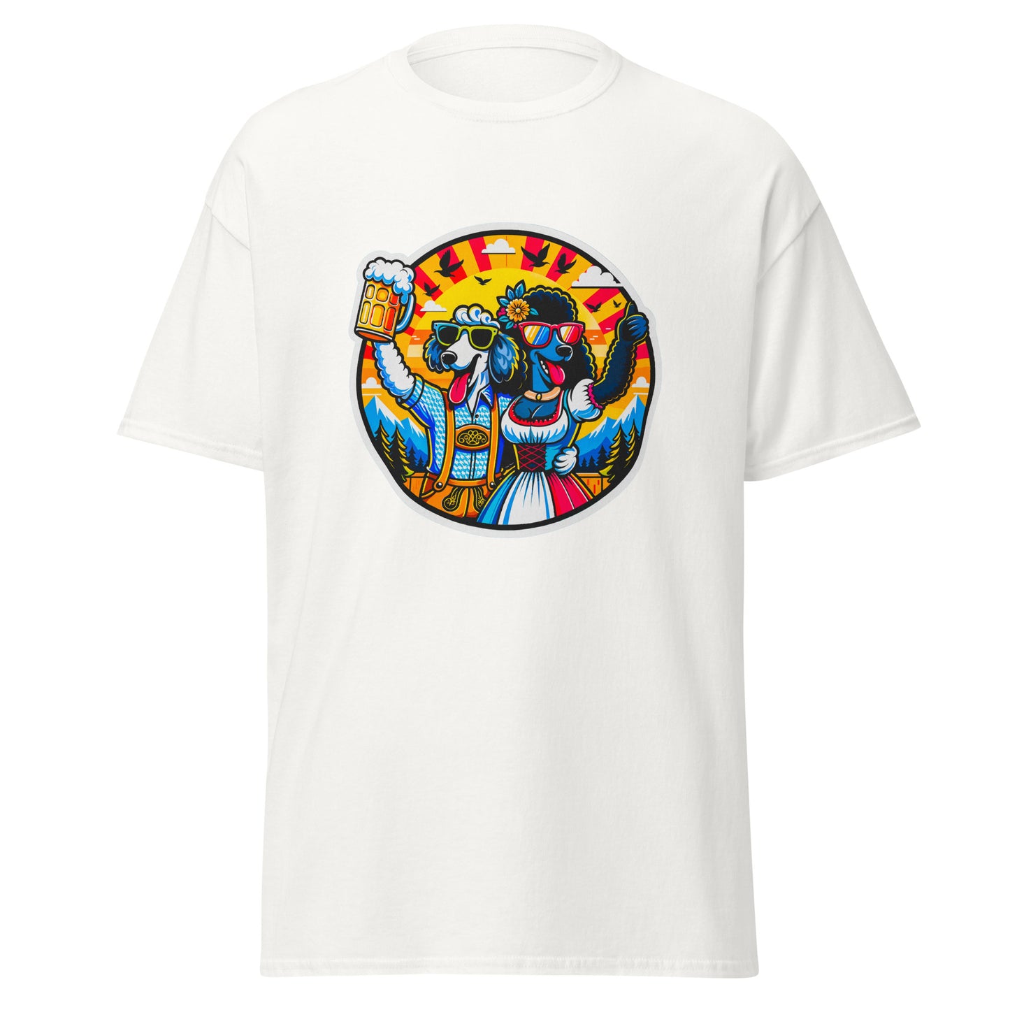 "Dogs On Vacation"-Kollektion - Sheep Poodle & Black Royal Poodle in Bavaria - Klassisches Unisex-T-Shirt - 13 verschiedene Farben