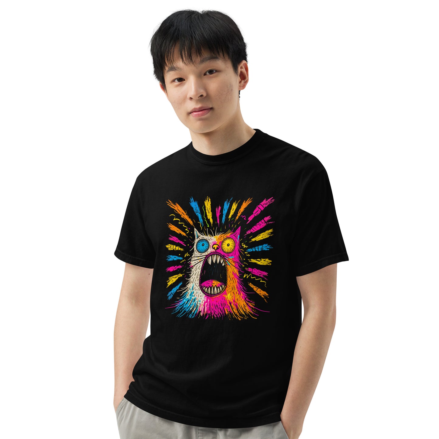 "Neon Cat" #1 - Schweres textilgefärbtes Unisex-T-Shirt mit DTF-Foliendruck - Schwarz und Navy-Blau