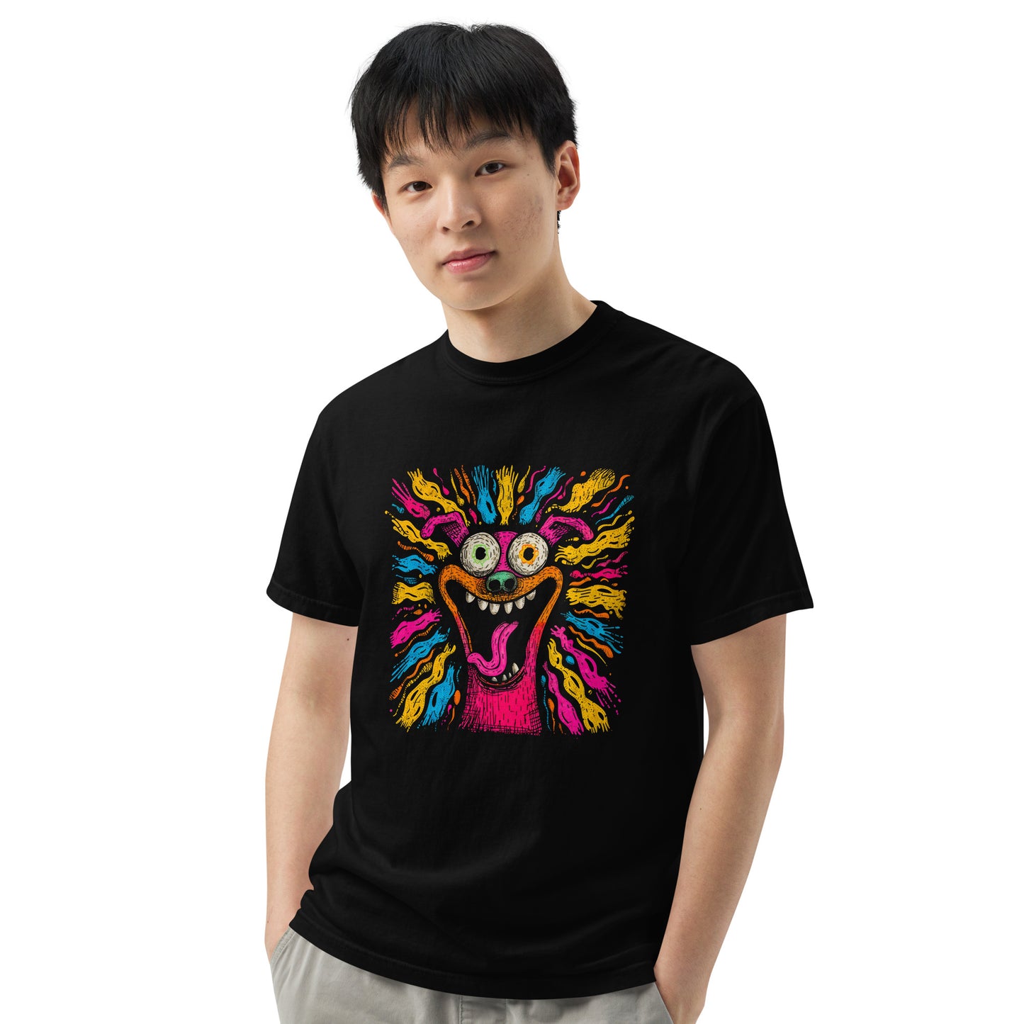"Neon Dogs" #2 - Schweres textilgefärbtes Unisex-T-Shirt mit DTF-Foliendruck - Schwarz und Navy-Blau