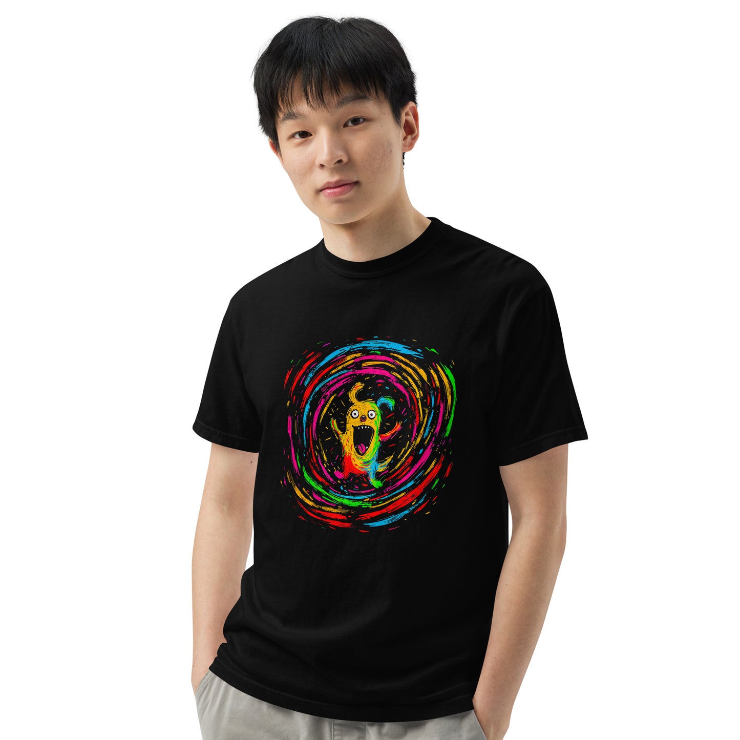 "Neon Dogs" #4 - Schweres textilgefärbtes Unisex-T-Shirt mit DTF-Foliendruck - Schwarz und Navy-Blau