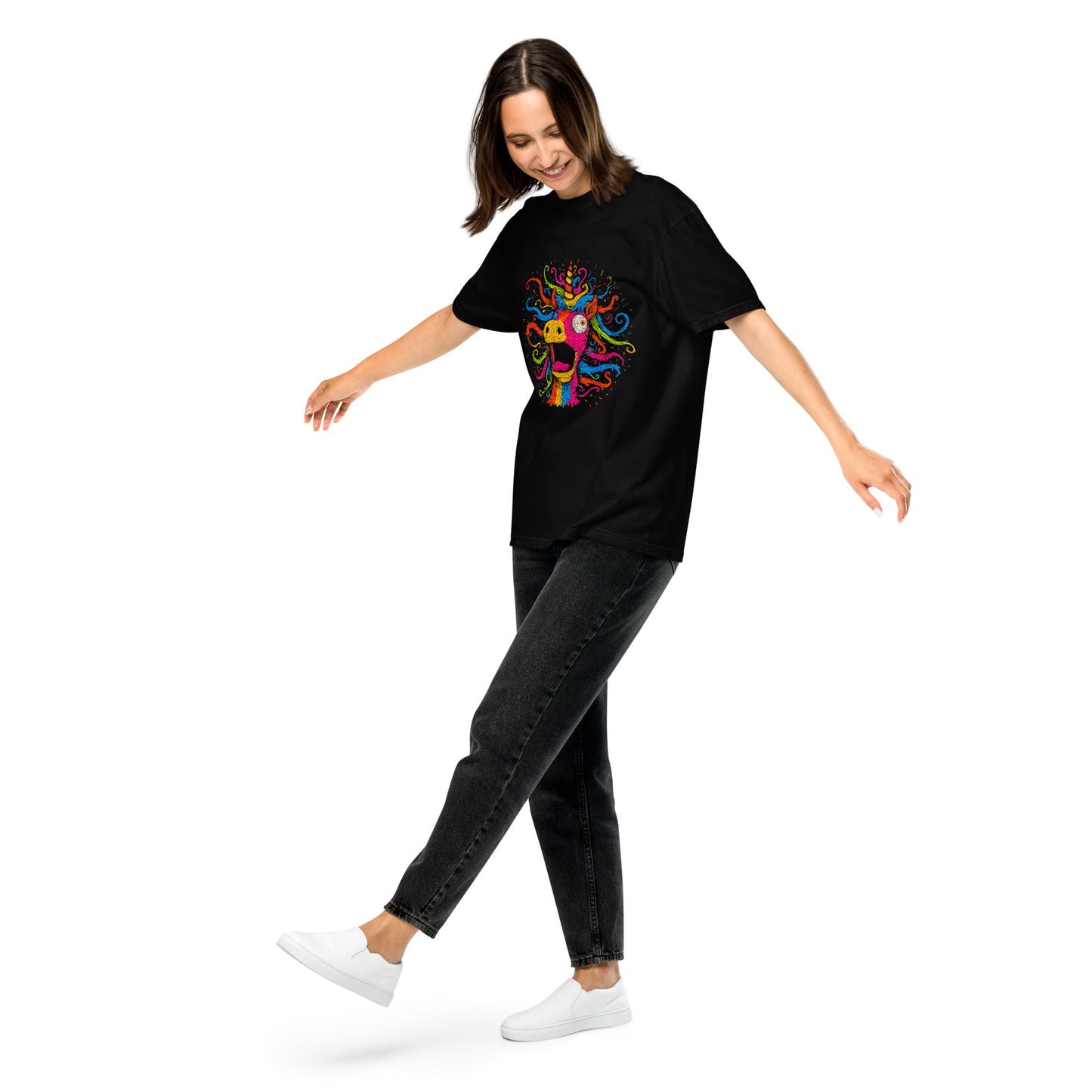 "Neon Unicorn" - Schweres textilgefärbtes Unisex-T-Shirt mit DTF-Foliendruck - Schwarz und Navy-Blau