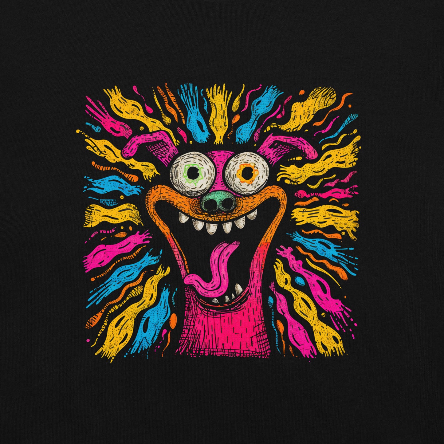 "Neon Dogs" #2 - Schweres textilgefärbtes Unisex-T-Shirt mit DTF-Foliendruck - Schwarz und Navy-Blau