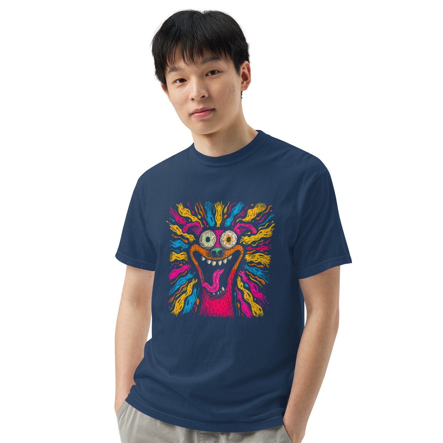 "Neon Dogs" #2 - Schweres textilgefärbtes Unisex-T-Shirt mit DTF-Foliendruck - Schwarz und Navy-Blau