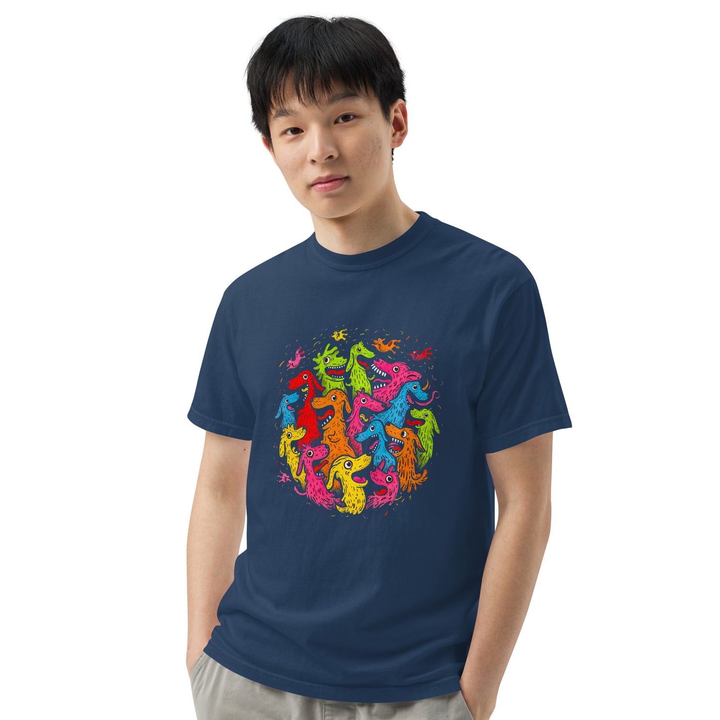 "Neon Dogs" #3 - Schweres textilgefärbtes Unisex-T-Shirt mit DTF-Foliendruck - Schwarz und Navy-Blau
