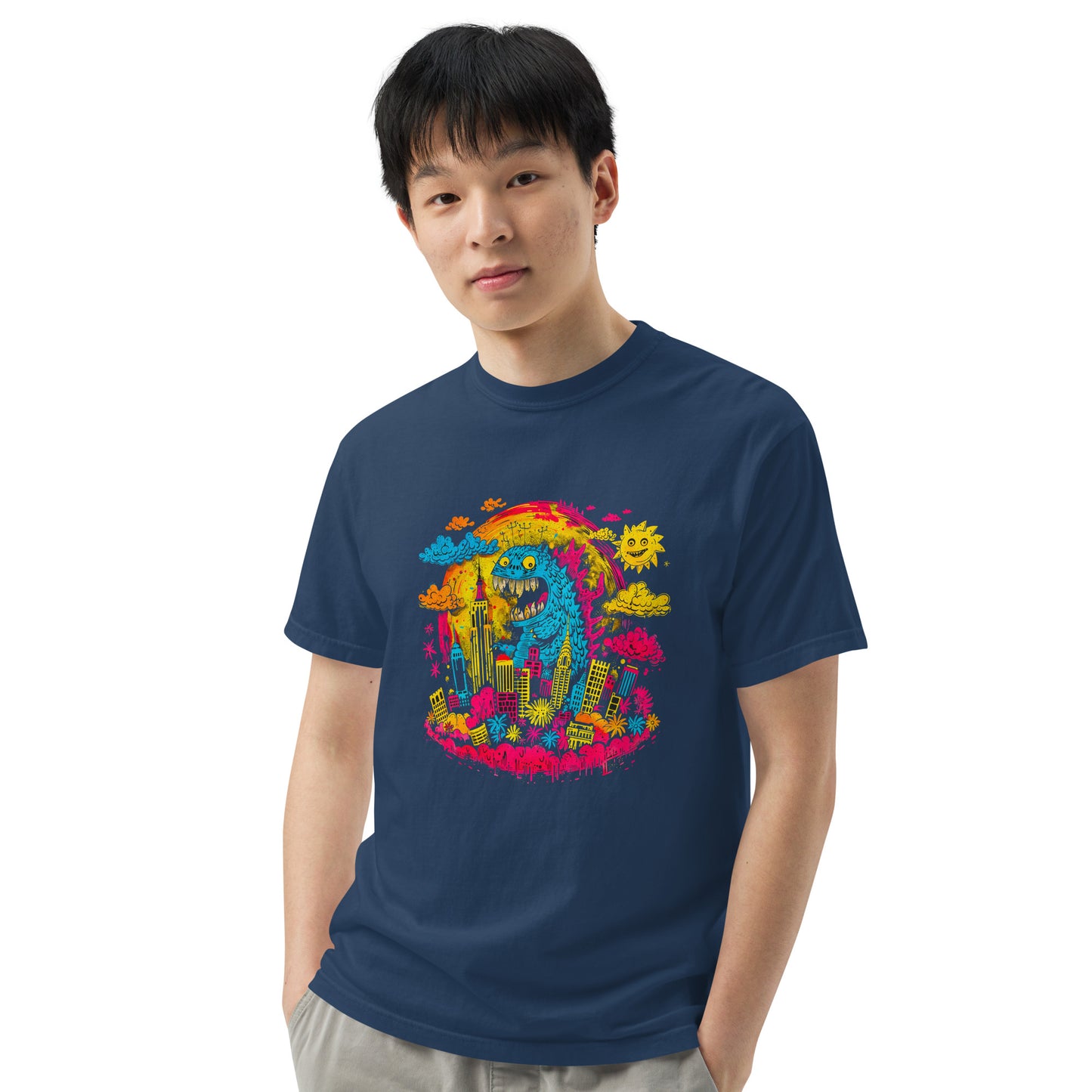 "Neon Monsters" #1 - Schweres textilgefärbtes Unisex-T-Shirt mit DTF-Foliendruck - Schwarz und Navy-Blau