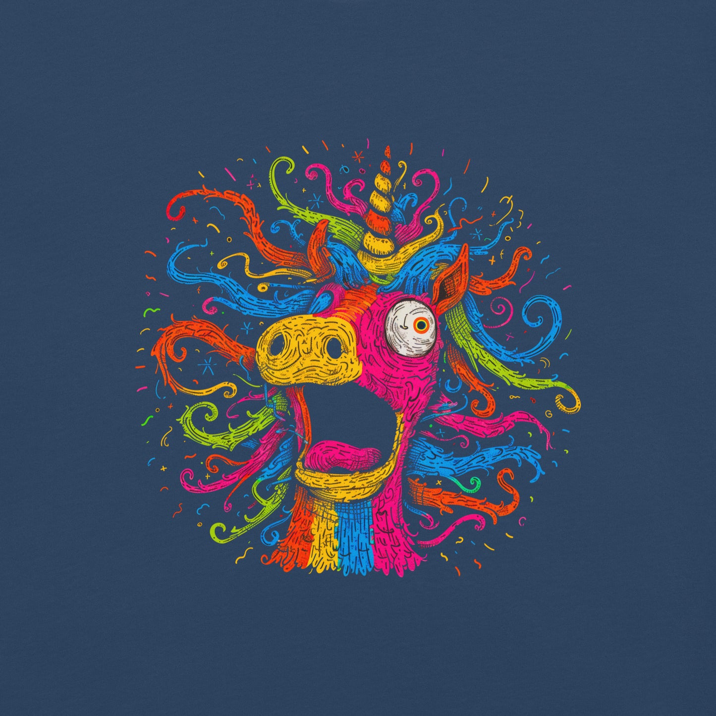 "Neon Unicorn" - Schweres textilgefärbtes Unisex-T-Shirt mit DTF-Foliendruck - Schwarz und Navy-Blau