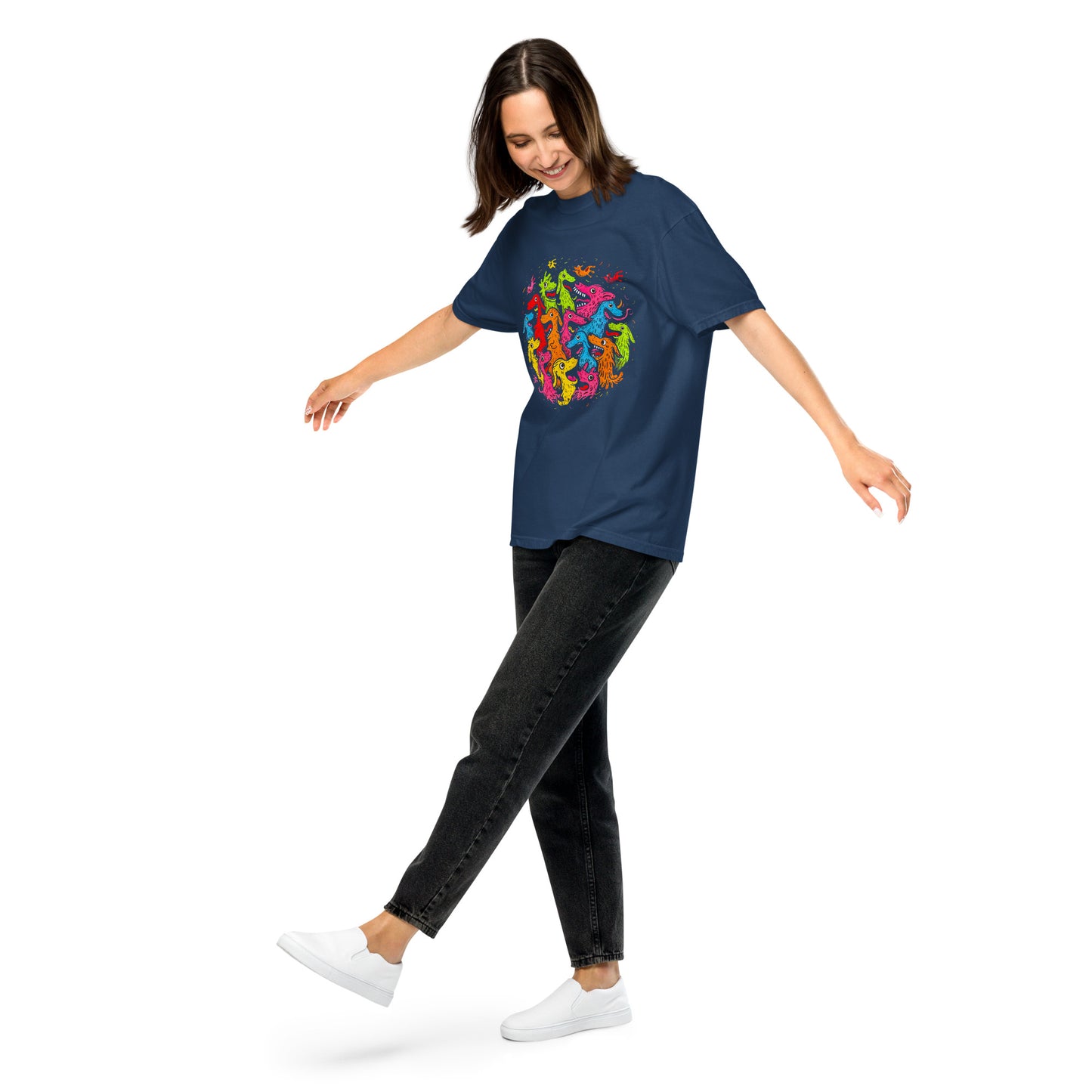 "Neon Dogs" #3 - Schweres textilgefärbtes Unisex-T-Shirt mit DTF-Foliendruck - Schwarz und Navy-Blau