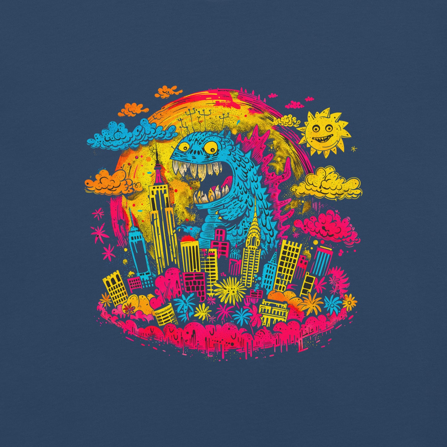 "Neon Monsters" #1 - Schweres textilgefärbtes Unisex-T-Shirt mit DTF-Foliendruck - Schwarz und Navy-Blau
