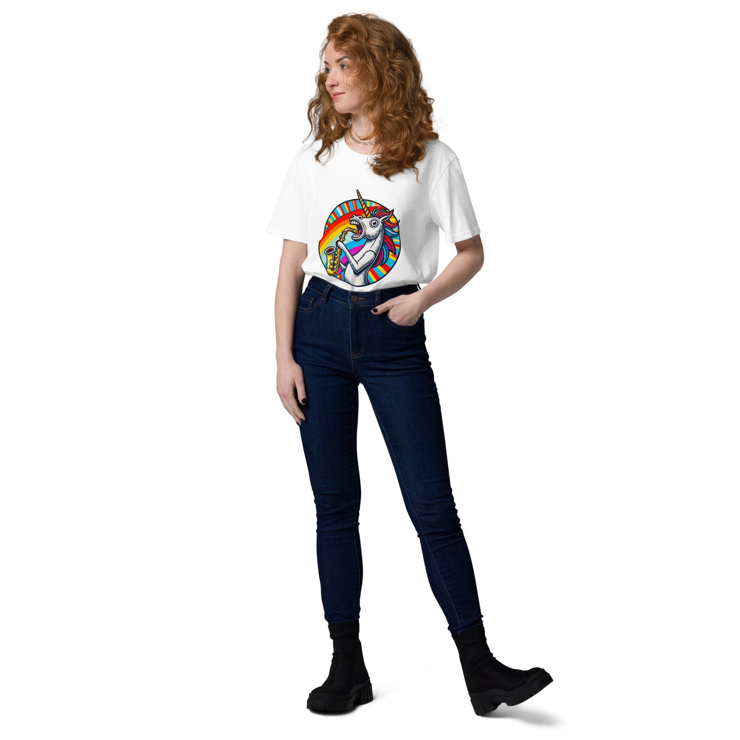 "Saxophone-Unicorn" - Unisex-Bio-Baumwoll-T-Shirt - Weiß