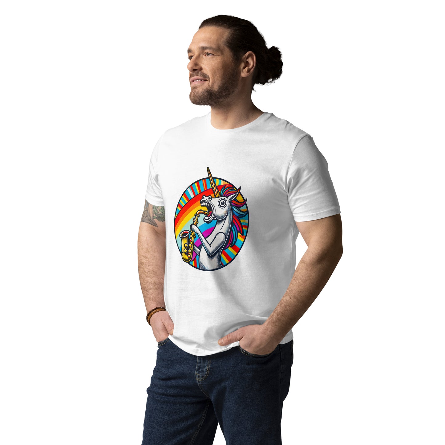 "Saxophone-Unicorn" - Unisex-Bio-Baumwoll-T-Shirt - Weiß