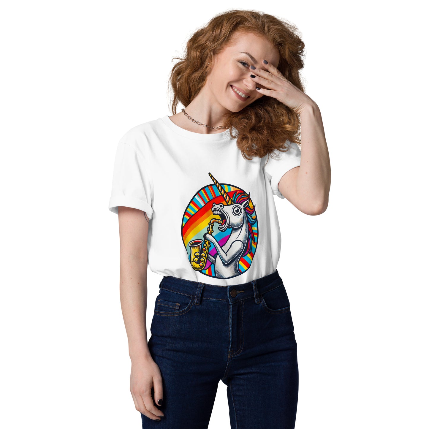 "Saxophone-Unicorn" - Unisex-Bio-Baumwoll-T-Shirt - Weiß