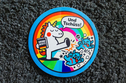Sticker "...und tschüss!" / Serie "the epic unicorn" [rund, 9,5cm] (25/50/100 St.)