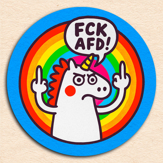 Sticker "FCK AfD!" / Serie "the epic unicorn" [rund, 9,5cm] (25/50/100 St.)