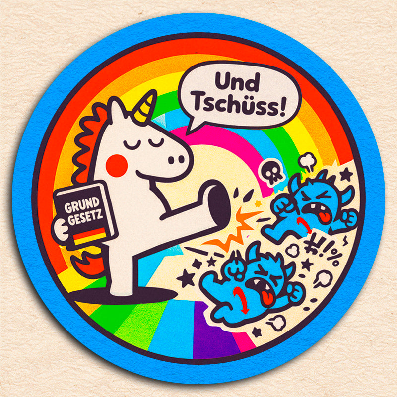 Sticker "...und tschüss!" / Serie "the epic unicorn" [rund, 9,5cm] (25/50/100 St.)