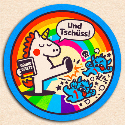 Sticker "...und tschüss!" / Serie "the epic unicorn" [rund, 9,5cm] (25/50/100 St.)