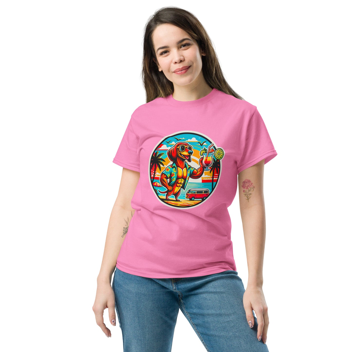 "Dogs On Vacation"-Kollektion - "Muscle Dachshund" #1 - Klassisches Unisex-T-Shirt - 13 verschiedene Farben