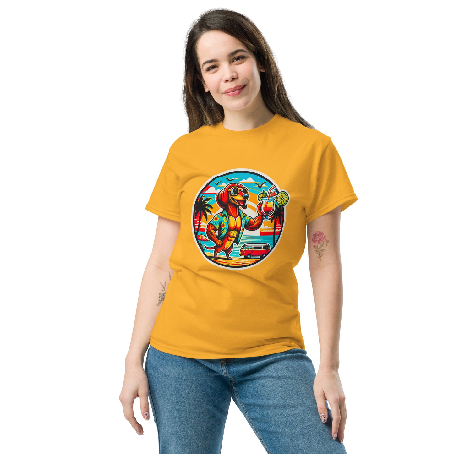 "Dogs On Vacation"-Kollektion - "Muscle Dachshund" #1 - Klassisches Unisex-T-Shirt - 13 verschiedene Farben