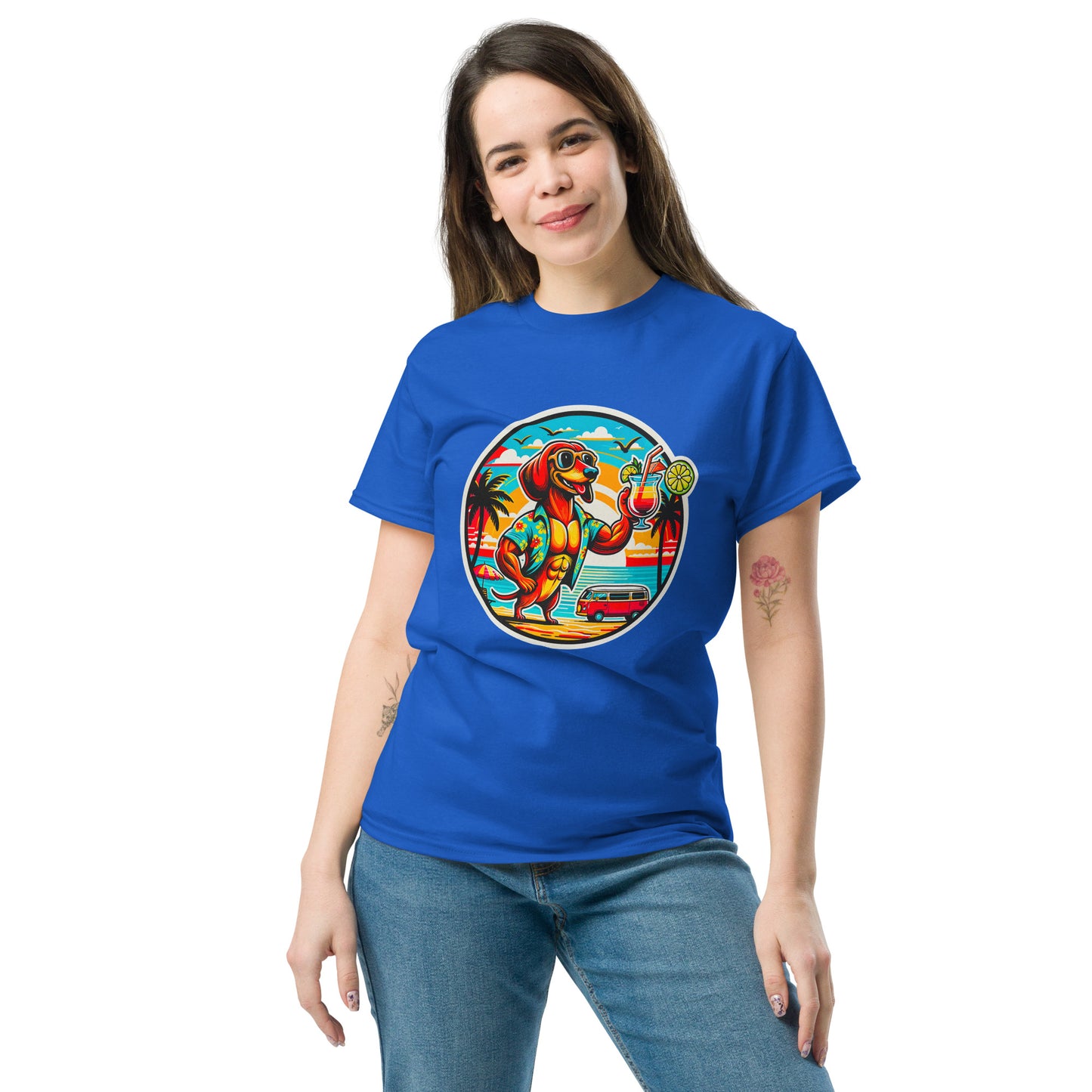 "Dogs On Vacation"-Kollektion - "Muscle Dachshund" #1 - Klassisches Unisex-T-Shirt - 13 verschiedene Farben