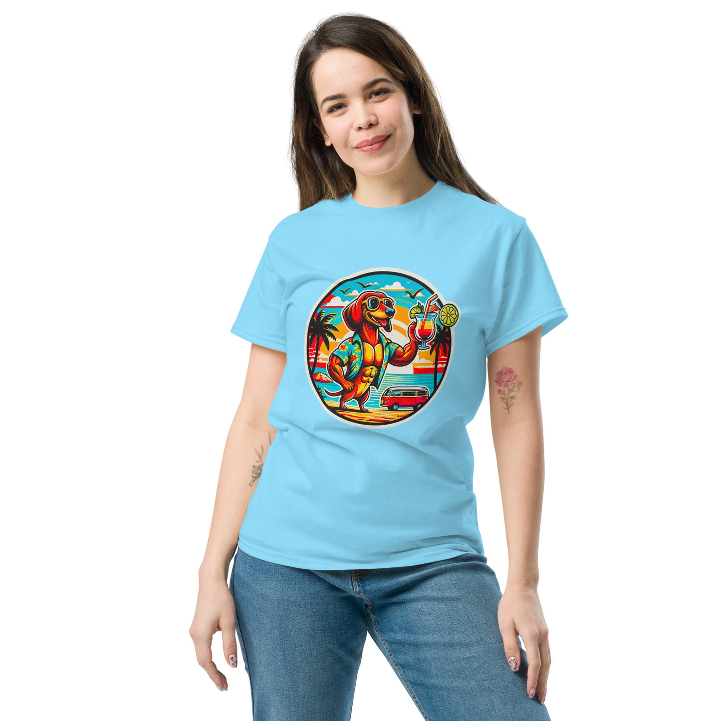 "Dogs On Vacation"-Kollektion - "Muscle Dachshund" #1 - Klassisches Unisex-T-Shirt - 13 verschiedene Farben