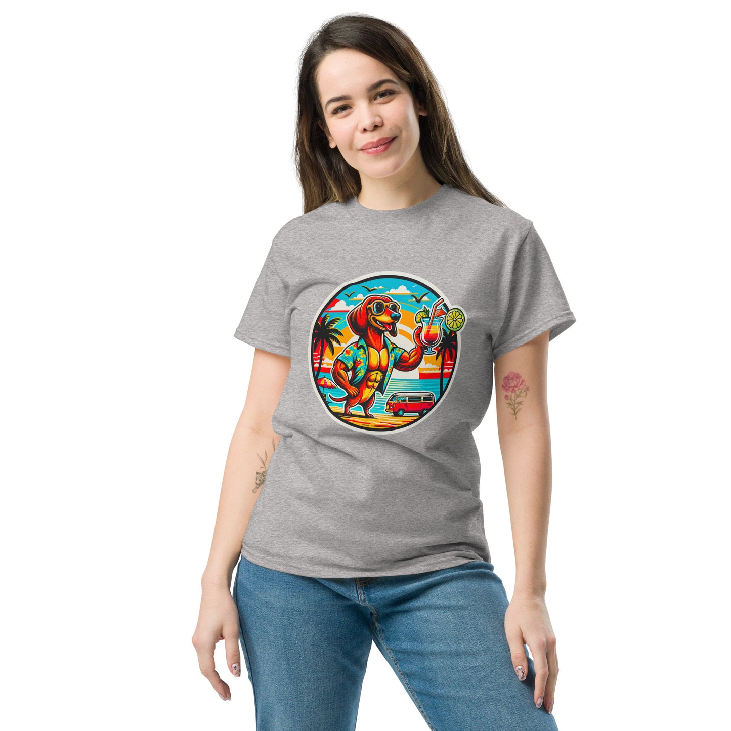 "Dogs On Vacation"-Kollektion - "Muscle Dachshund" #1 - Klassisches Unisex-T-Shirt - 13 verschiedene Farben