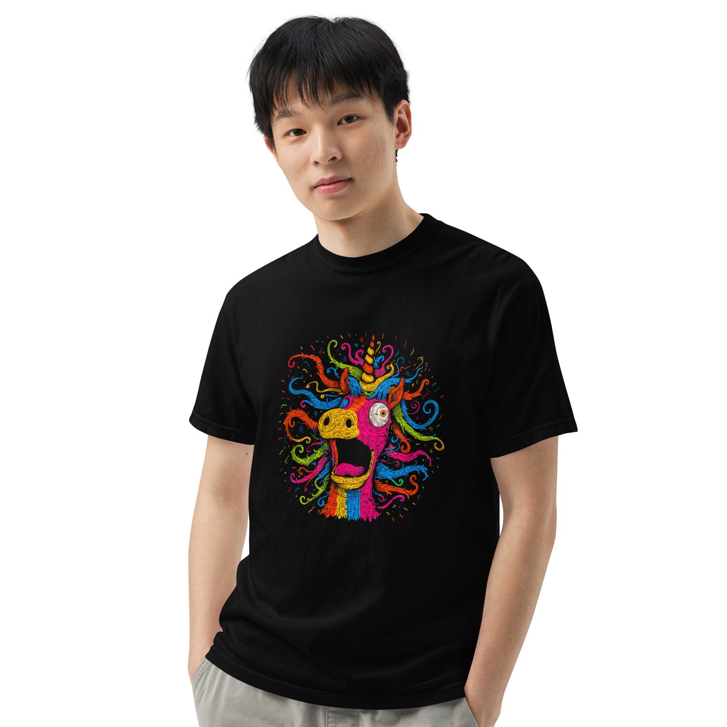 "Neon Unicorn" - Schweres textilgefärbtes Unisex-T-Shirt mit DTF-Foliendruck - Schwarz und Navy-Blau