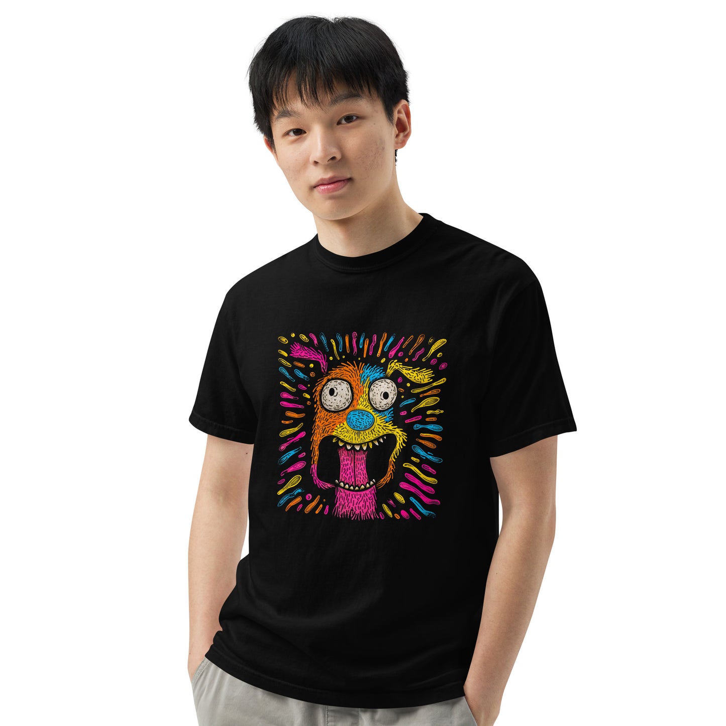 "Neon Dogs" #1 - Schweres textilgefärbtes Unisex-T-Shirt mit DTF-Foliendruck - Schwarz und Navy-Blau