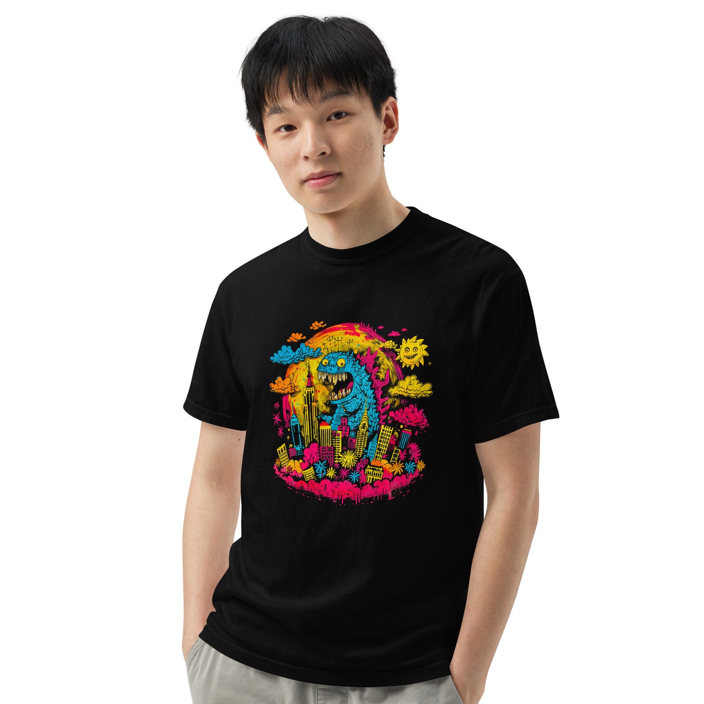 "Neon Monsters" #1 - Schweres textilgefärbtes Unisex-T-Shirt mit DTF-Foliendruck - Schwarz und Navy-Blau