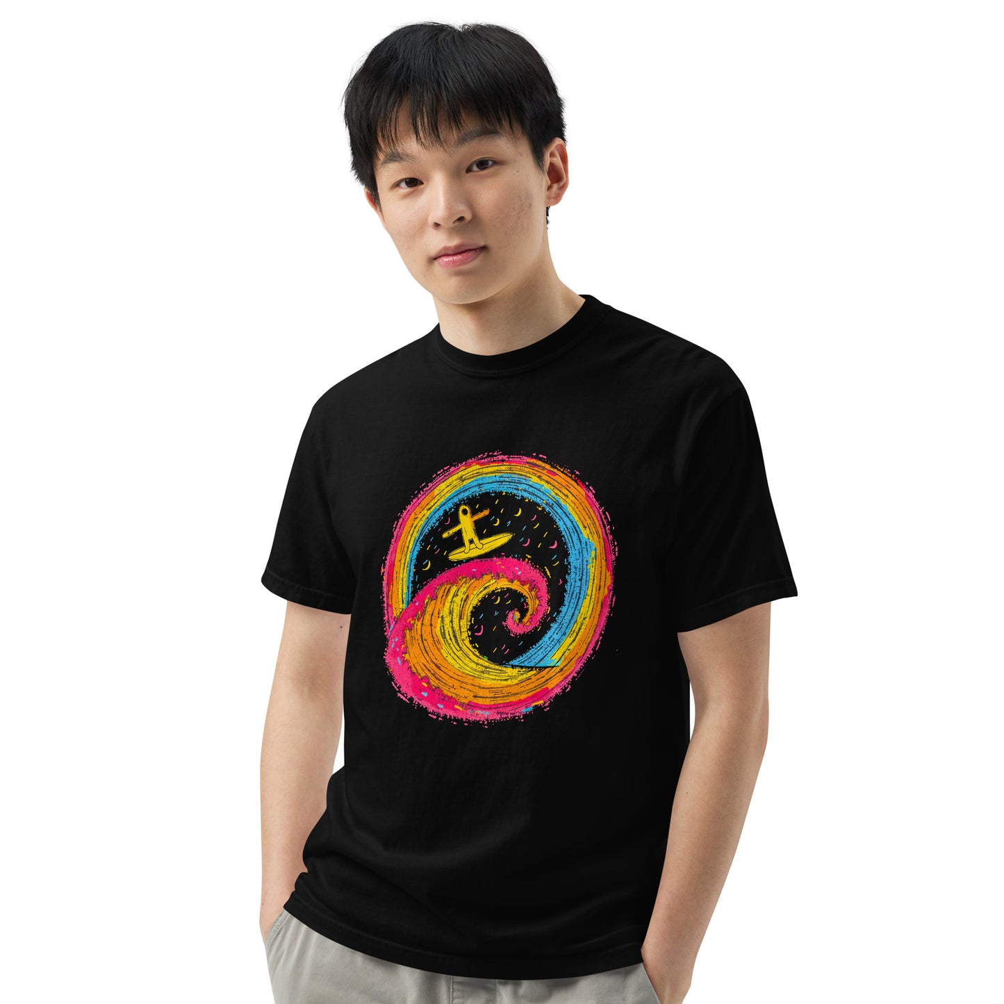 "Neon Surf" #1 - Schweres textilgefärbtes Unisex-T-Shirt mit DTF-Foliendruck - Schwarz und Navy-Blau