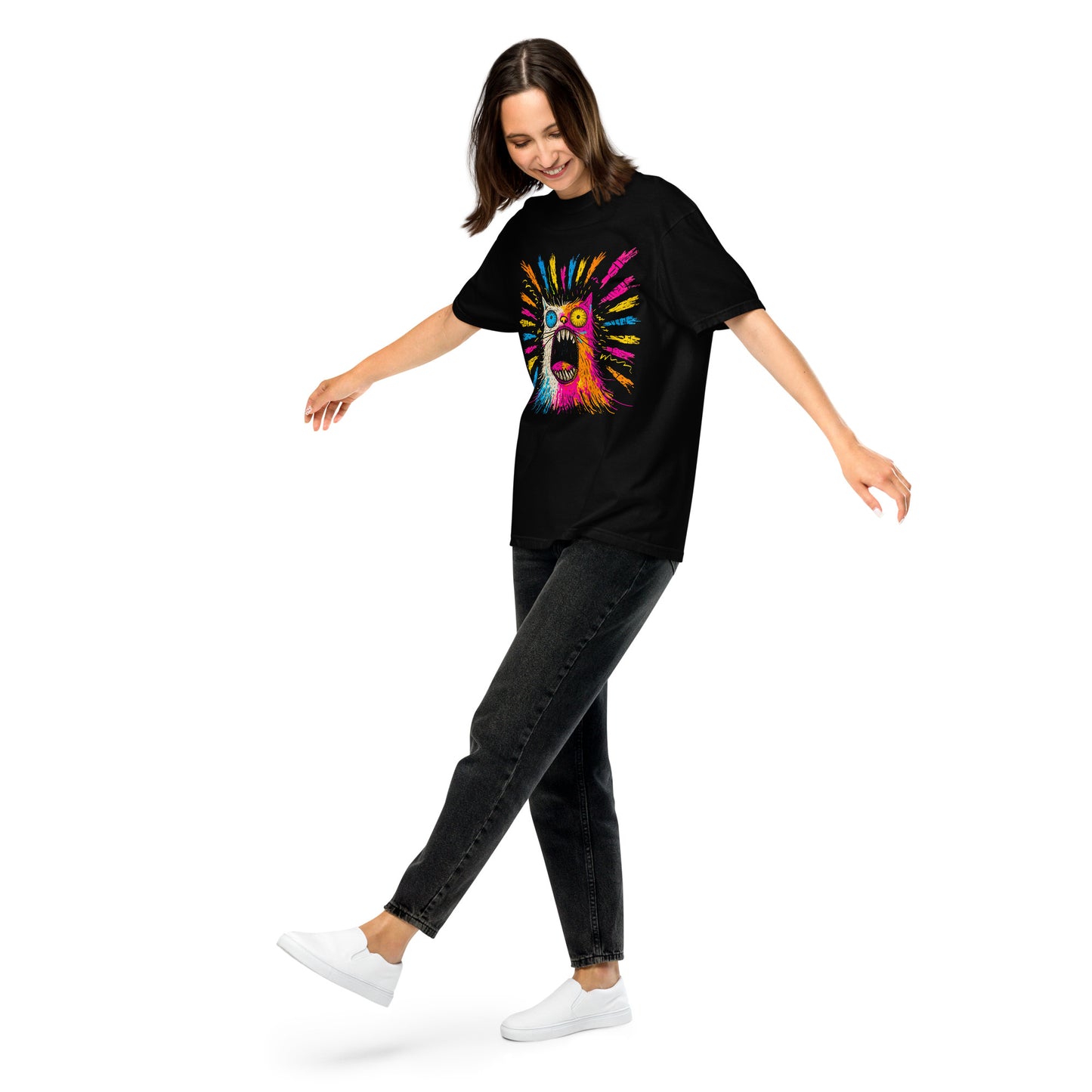 "Neon Cat" #1 - Schweres textilgefärbtes Unisex-T-Shirt mit DTF-Foliendruck - Schwarz und Navy-Blau