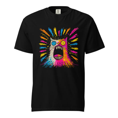 "Neon Cat" #1 - Schweres textilgefärbtes Unisex-T-Shirt mit DTF-Foliendruck - Schwarz und Navy-Blau