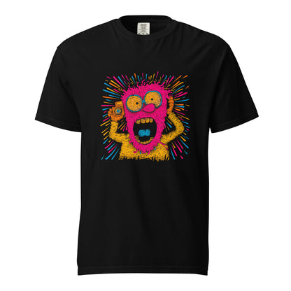 "Neon Photographer" - Schweres textilgefärbtes Unisex-T-Shirt mit DTF-Foliendruck - Schwarz und Navy-Blau