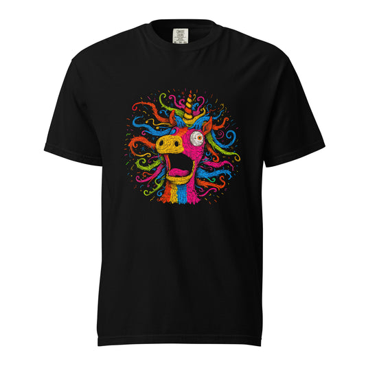 "Neon Unicorn" - Schweres textilgefärbtes Unisex-T-Shirt mit DTF-Foliendruck - Schwarz und Navy-Blau