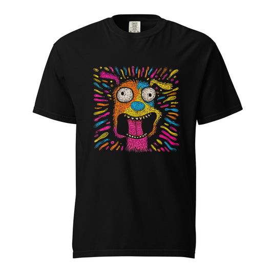 "Neon Dogs" #1 - Schweres textilgefärbtes Unisex-T-Shirt mit DTF-Foliendruck - Schwarz und Navy-Blau