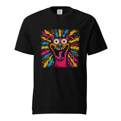 "Neon Dogs" #2 - Schweres textilgefärbtes Unisex-T-Shirt mit DTF-Foliendruck - Schwarz und Navy-Blau