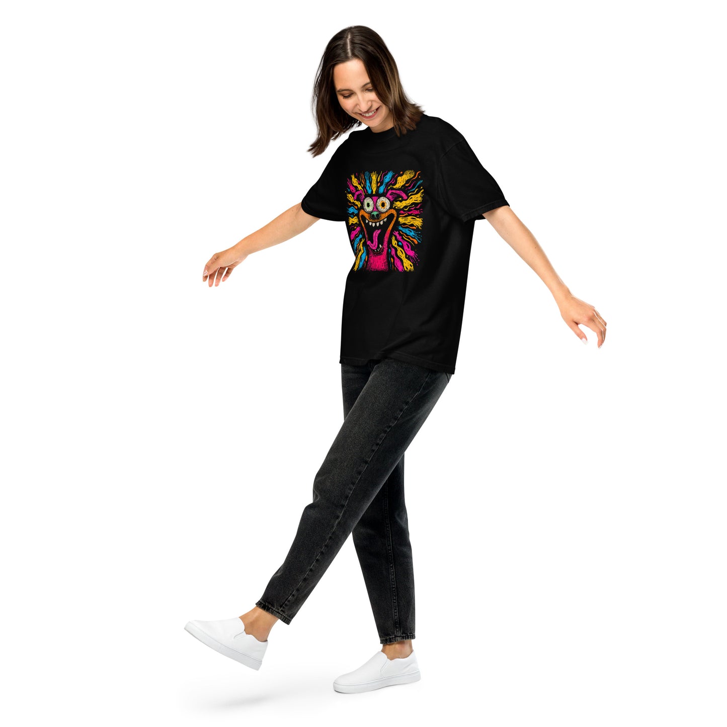 "Neon Dogs" #2 - Schweres textilgefärbtes Unisex-T-Shirt mit DTF-Foliendruck - Schwarz und Navy-Blau