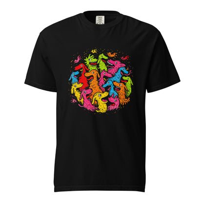 "Neon Dogs" #3 - Schweres textilgefärbtes Unisex-T-Shirt mit DTF-Foliendruck - Schwarz und Navy-Blau
